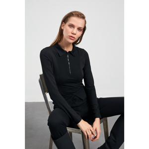 Trendyol Black With Zippered Polo Neck, Fitted/Situated, Flexible Knitted Body with Snap Buttons
