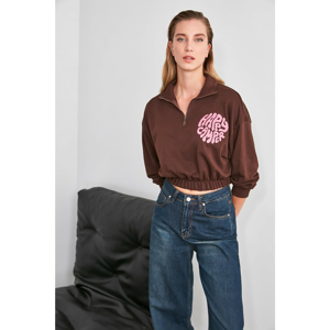 Trendyol Brown Printed Crop Knitted Sweatshirt