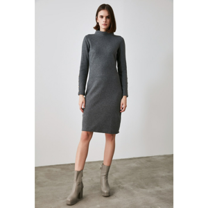 Trendyol Midi Knitted Dress with Anthracite Sheer Collar Button