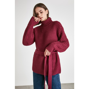Trendyol Maroon Tie Detailed Turtleneck Knitwear Sweater