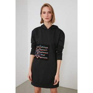 Trendyol Anthracite Hooded and Printed Knitted Dress