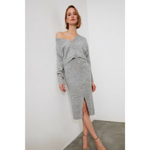 Trendyol Grey Button Detailed Knitwear Cardigan Skirt Knitwear Bottom-Top Suit