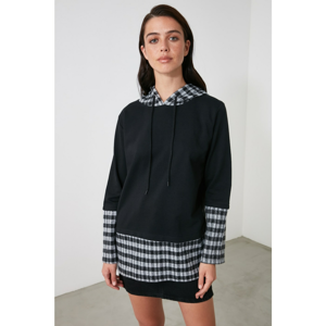 Trendyol Anthracite Hooded Plaid Detailed Knitted Sweatshirt