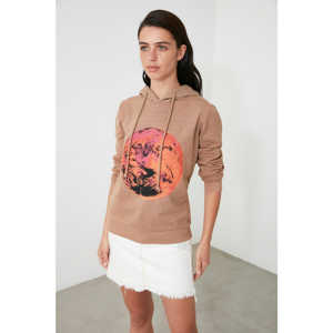 Trendyol Beige Printed and Hooded Basic Knitted Sweatshirt