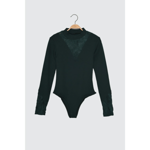 Trendyol Emerald Green Lace Detailing Sheer Collar Knitted Body