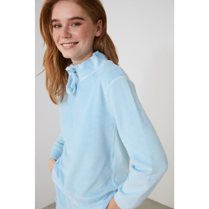 Trendyol Blue Velvet Upright Collar Basic Knitted Sweatshirt