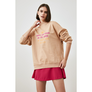 Trendyol Camel Upright Collar Printed Knitted Sweatshirt