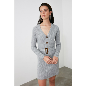 Trendyol Grey Button Detailed Belted Knitwear Dress