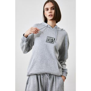 Trendyol Grey Printed Hooded Knitted Sweatshirt