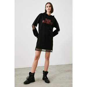 Trendyol Black Hooded Printed Tulle Detailed Knitted Dress