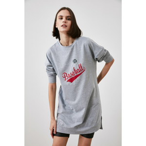 Trendyol Gray Printed Long Oversize Knitted Sweatshirt
