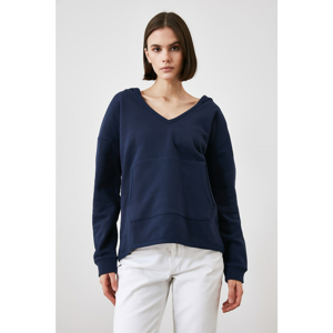 Trendyol Navy Blue V Collar Hoodie and Pocket Knitted Sweatshirt