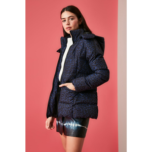 Trendyol Navy Blue Hooded Leopard Print Inflatable Coat