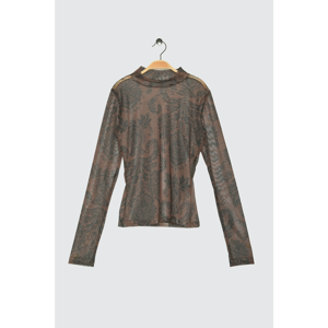 Trendyol Brown Tulle Upright Collar Printed Knitted Blouse
