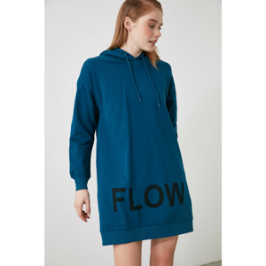 Trendyol Navy Blue Hooded Printed Knitted Dress