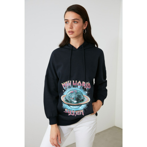 Trendyol Navy Hooded Printed Knitted Sweatshirt