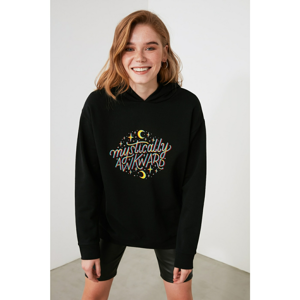 Trendyol Black Printed and Hooded Knitted Sweatshirt