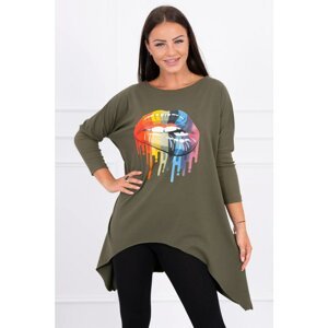 Oversize blouse with khaki rainbow lips print