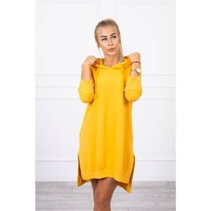 Dress with hood and longer back mustard