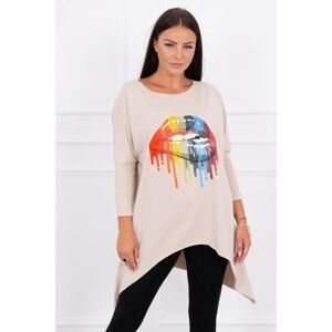 Oversize blouse with beige rainbow lips print
