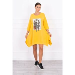 Dress with print and flowing bottom of mustard