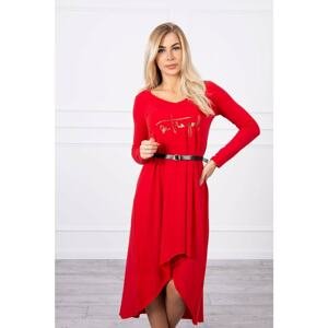 Dress with a decorative belt and red lettering
