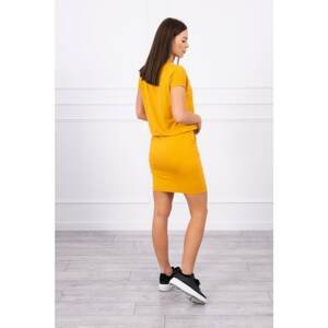 Viscose dress tied at the waist with short sleeves mustard