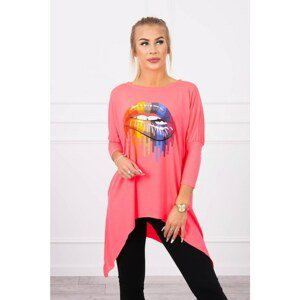Oversize blouse with iridescent pink neon lip print