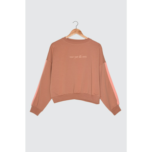 Trendyol Camel Embroidered Oversize Knitted Sweatshirt