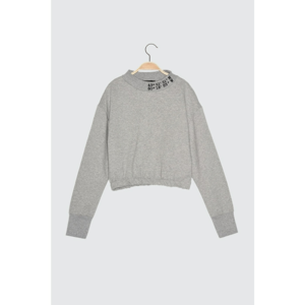 Trendyol Grey Embroidered Upright Collar Anthrax-Without Knitted Sweatshirt