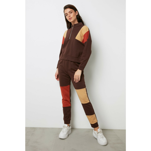 Trendyol Brown Zip Color Block Anthrax Knitted Tracksuit Suit