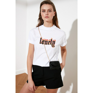 Trendyol White Printed Upright Collar Basic Knitted T-Shirt