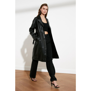 Trendyol Black BeltEd Suni Leather Long Trenchkot