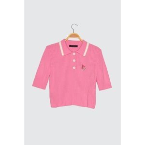 Trendyol Pink Embroidered Polo Collar Knitwear Sweater