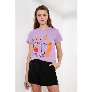 Trendyol Lila Printed Basic Knitted T-Shirt