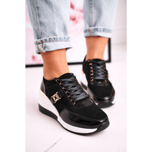 Women’s Leather Wedge Sneakers Black Gold Roxette