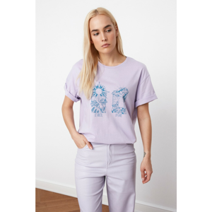 Trendyol Lila Printed Boyfriend Knitted T-Shirt