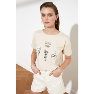 Trendyol Beige Printed Semi-Fitted Knitted T-Shirt