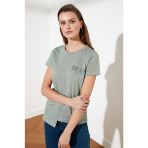 Trendyol Haki Printed Asymmetric Detailed Knitted T-Shirt