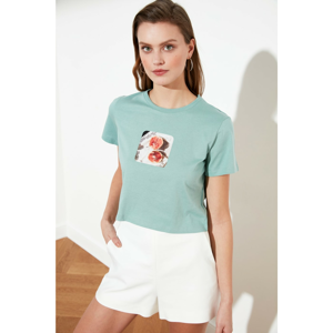 Trendyol Mint Printed Crop Knitted T-Shirt