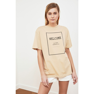 Trendyol Beige Printed Boyfriend Knitted T-Shirt