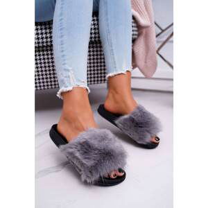 Women's Slides With Fur Grey Black NiceFur