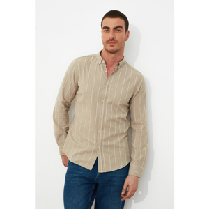 Trendyol Beige Men's Slim Fit Striped Button-Down Shirt Collar Shirt