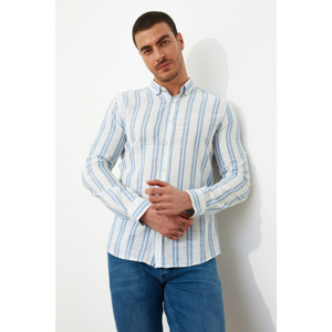 Trendyol Blue Men's Striped Shirt Collar Apolet Slim Fit Shirt