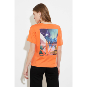 Trendyol Salmon Printed Semi-Fitted Knitted T-Shirt