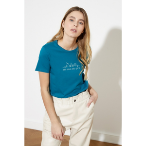 Trendyol Petrol Basic Embroidered Knitted T-Shirt