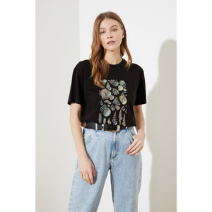 Trendyol Black Printed Boyfriend Knitted T-Shirt