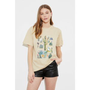 Trendyol Beige Printed Boyfriend Knitted T-Shirt