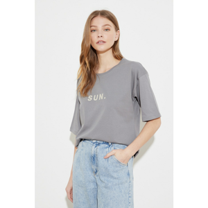 Trendyol Gray Printed Loose Knitted T-Shirt