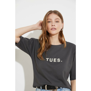 Trendyol Anthracite Printed Loose Knitted T-Shirt